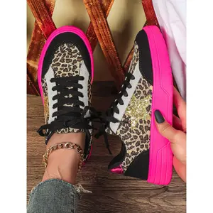 Women's Fashionable Leopard Print, Casual Low Top Breathable Shoes, Glitter Design Sneakers, Street Style, All Seasons, Perfect Gift for Students