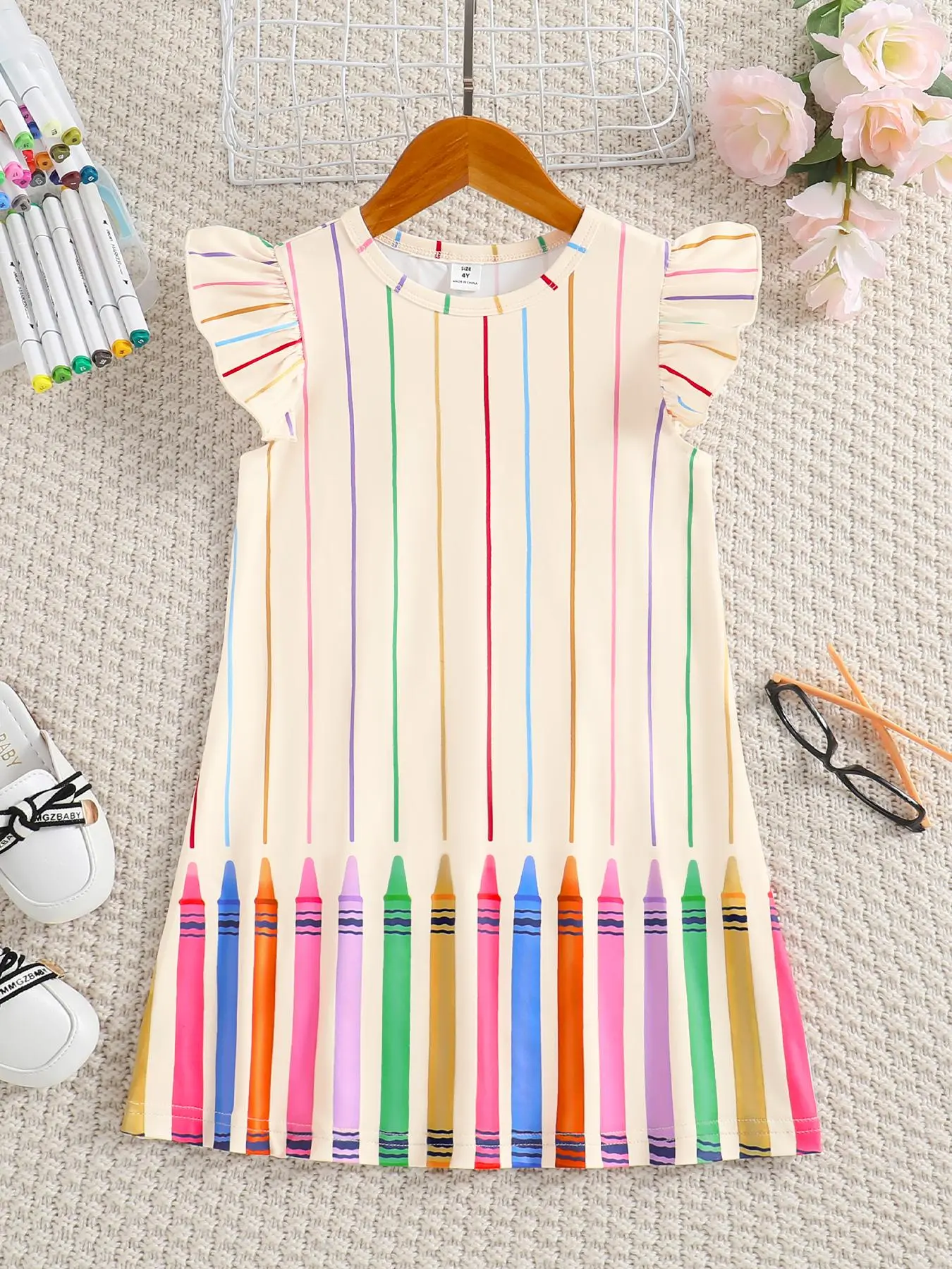 Toddler Girl's Colorful Crayon Striped Print Ruffle Trim A-Line Dress, Cute Flutter Sleeve Dress for Daily Outdoor Wear, Kids Summer Clothing