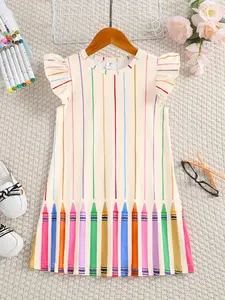 Toddler Girl's Colorful Crayon Striped Print Ruffle Trim A Line Dress, Young Girl Elegant Fashion Cute Butterfly Sleeve Dress for Daily Outdoor Wear, Striped Printed Dress, Kids Clothing for Summer, Ruffled Sleeve Dress
