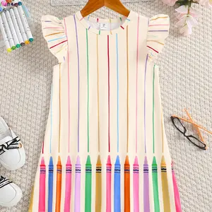 Toddler Girl's Colorful Crayon Striped Print Ruffle Trim A-Line Dress, Cute Flutter Sleeve Dress for Daily Outdoor Wear, Toddler Summer Dresses, Striped Pattern Dress, Kids Summer Clothing