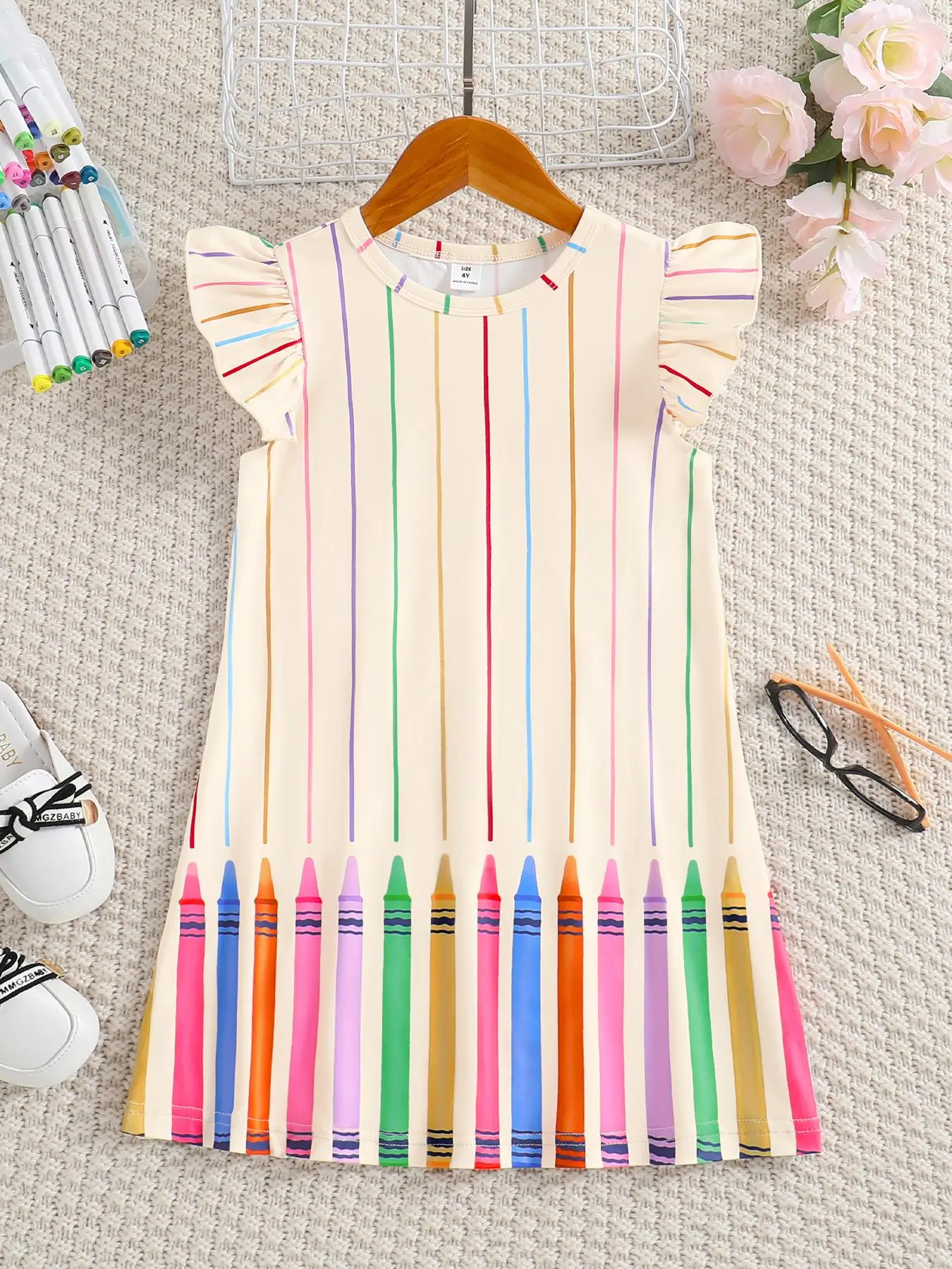 Toddler Girl's Colorful Crayon Striped Print Ruffle Trim A Line Dress, Young Girl Elegant Fashion Cute Butterfly Sleeve Dress for Daily Outdoor Wear,
