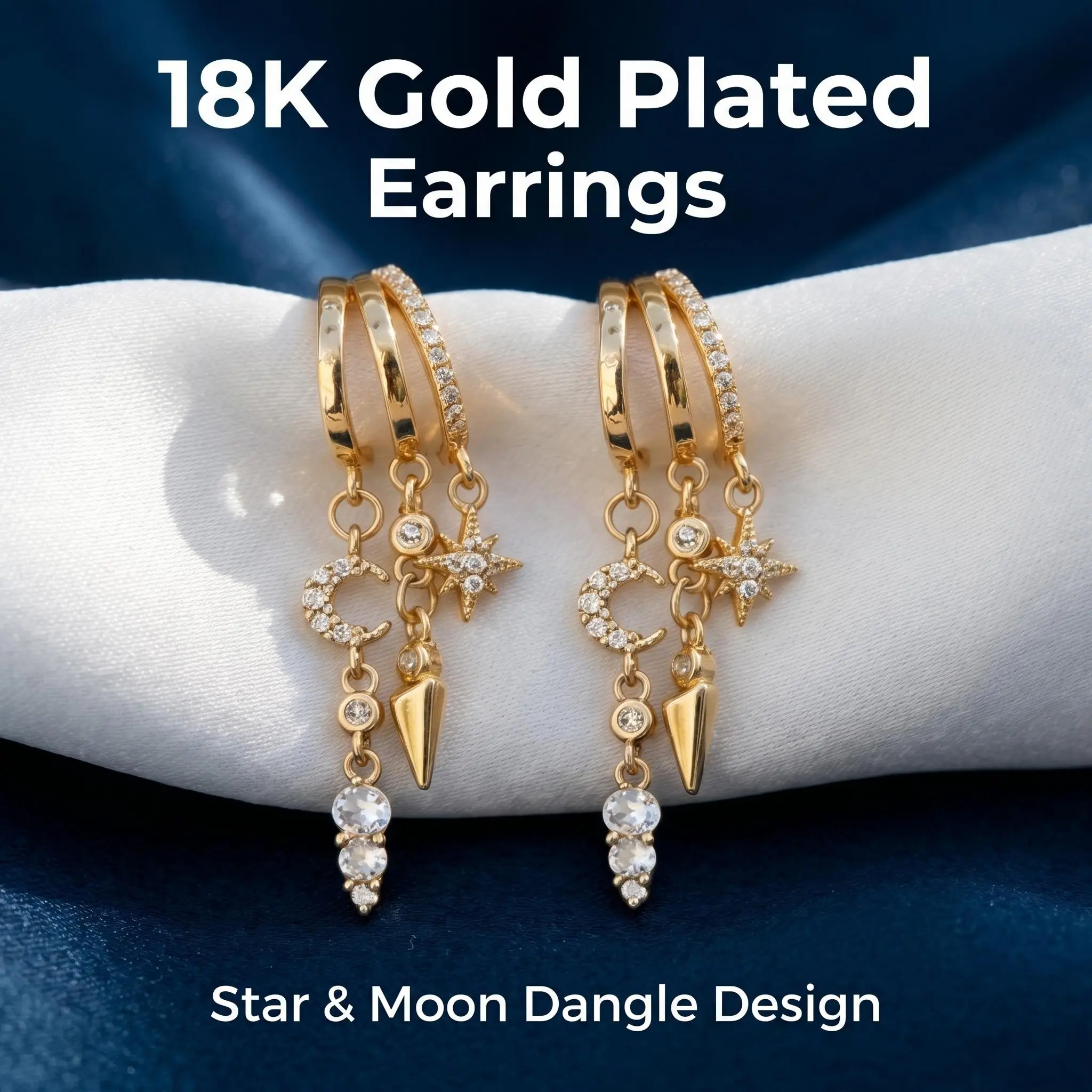 18K Gold Plated Celestial Moon & Star Stacked Hoop Earrings, 4cm Drop. Versatile for everyday women's wear, featuring long-lasting shine, anti-tarnish finish, and hypoallergenic design. The perfect gift for birthdays, anniversaries, and special occasions.