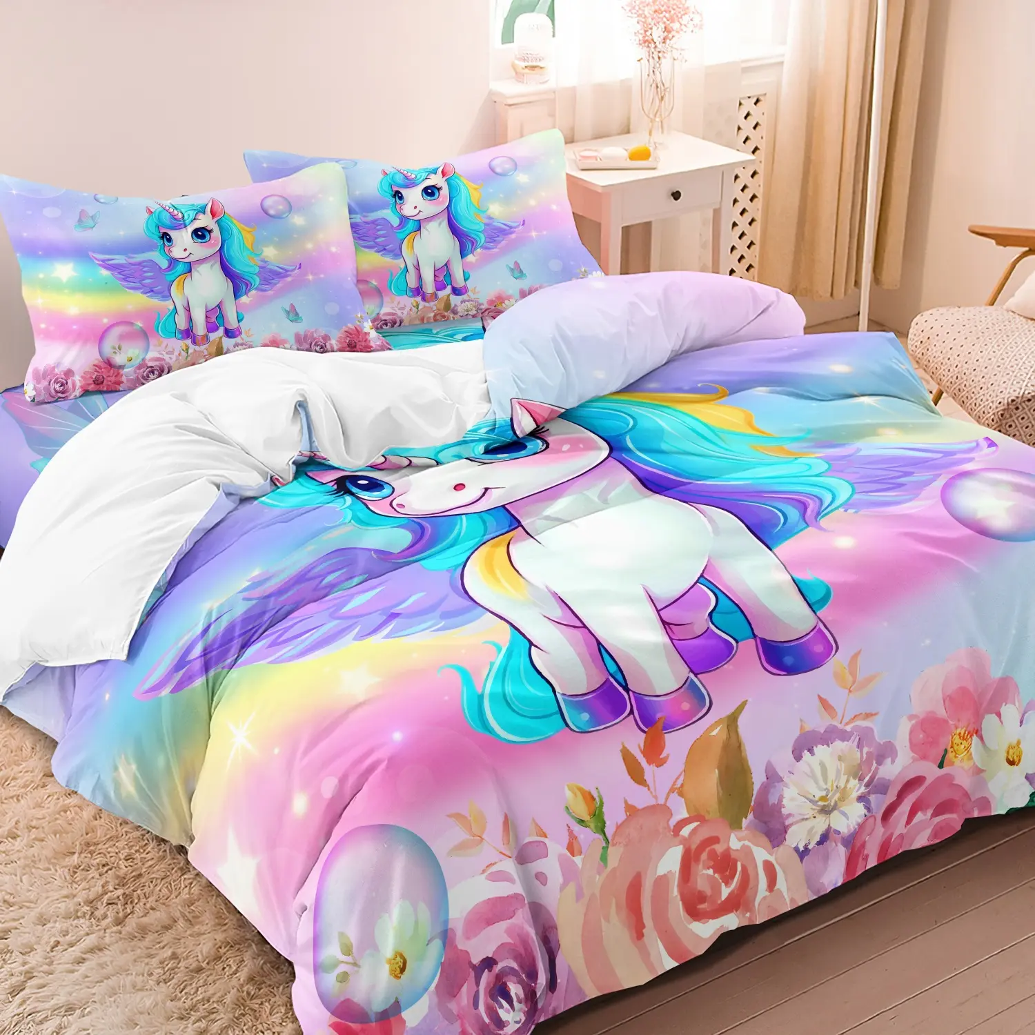 3pcs Set Pink Purple Unicorn Print Duvet Cover Set Cute Bedding Suitable For Bedroom Hotel Inn School Dormitory Can Be Used As Holiday Gifts (1*Duvet Cover + 2 Pillowcases, No Comforter, No Pillow)