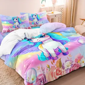 3pcs Set Pink Purple Unicorn Print Duvet Cover Set Cute Bedding Suitable For Bedroom Hotel Inn School Dormitory Can Be Used As Holiday Gifts (1*Duvet Cover + 2 Pillowcases, No Comforter, No Pillow)