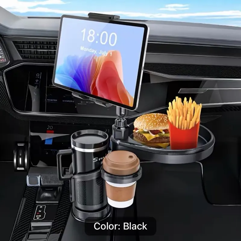 4-In-1 Car Cup Holder Tray with Dual Drink Holder, Expandable Base & Tablet-Phone Mount Expander, Compatible with Most 4.7-13" Cell Phones and Tablets