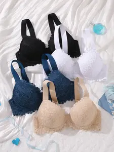 Ecomilky 4PCS Sexy Lace Women's Bustiers with Wide Shoulder Straps Elegant Floral Pattern Comfortable Support Steel Cup Form Non-detachable Pads Polyamide Bra Set
