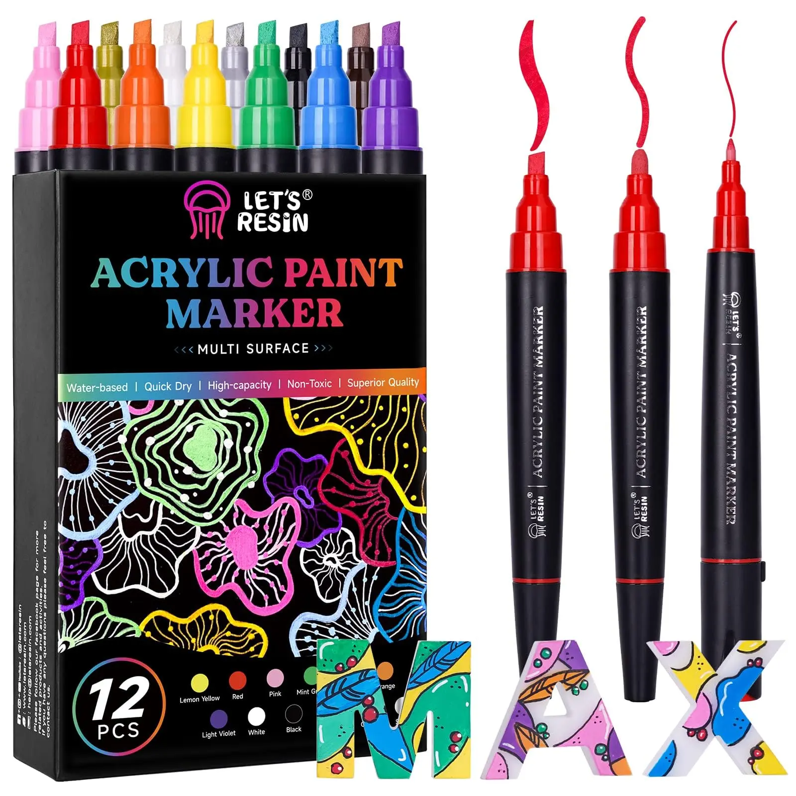 LET'S RESIN 12-Color Acrylic Paint Markers, 3 Tips Multi-Purpose High-Capacity Paint Pens, Opaque Quick-Dry Waterproof Acrylic Markers for Resin Crafts, Wood, Canvas, Rock   Painting, Glass, DIY Craft Supplies,  Back to School Supplies