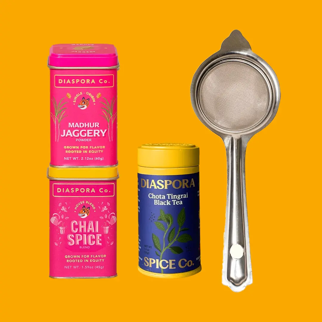 Chai Making Kit, Masala Chai Spice Blend, Black Tea, Jaggery Sweetener, Stainless Steel Tea Strainer, DIY Chai Gift Set, Homemade Chai Kit, Loose Leaf Tea Bundle for Brewing, Baking, and Sweetening