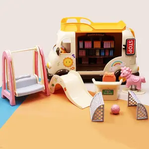 School Bus Design Dollhouse, 1 Box Mini Bus Toy with Doll & Furniture & Accessories, Pretend Play Toy for Boys & Girls, Birthday Gift, Role Play Set