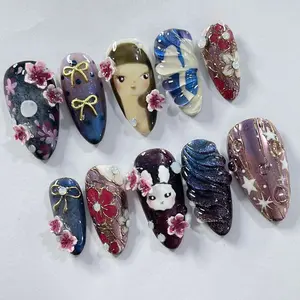 T48 Lynn Moonlight Fantasy Press-On Nails, 3D Sakura, Bunny & Girl Charms, Metallic Purple Gradient, Custom Handmade, Animecore Vibes, Gift for Her