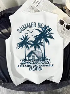 Men's Loose Fit Tropical Summer Beach Vacation Palm Tree Graphic Print Sleeveless Vest, Vintage Hawaiian Surf Street Style Vibe Muscle Tee, Casual Daily Wear