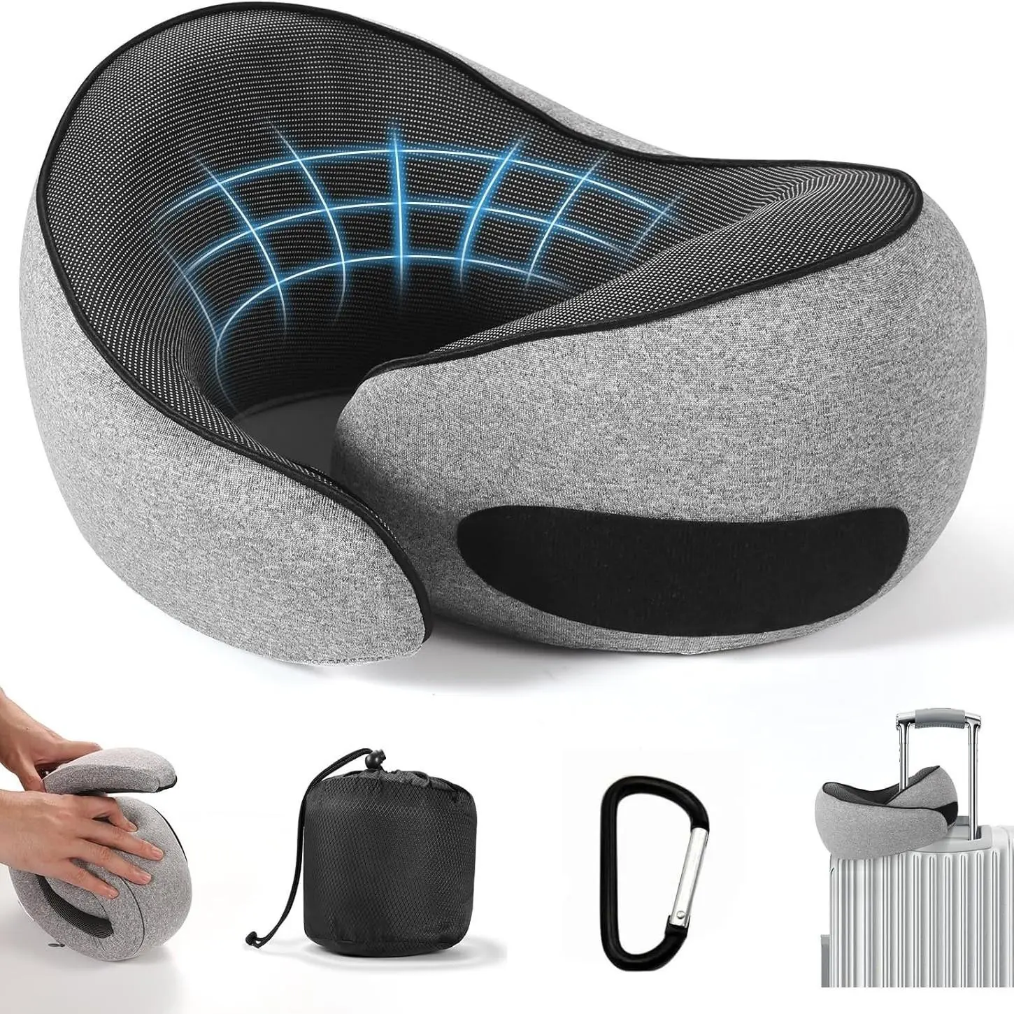 Travel Pillow Memory Foam Neck Pillow, Comfortable Breathable Cover, 360° Support Foldable Pillow, Ideal for Sleep, Car, Airport Travel, Dark