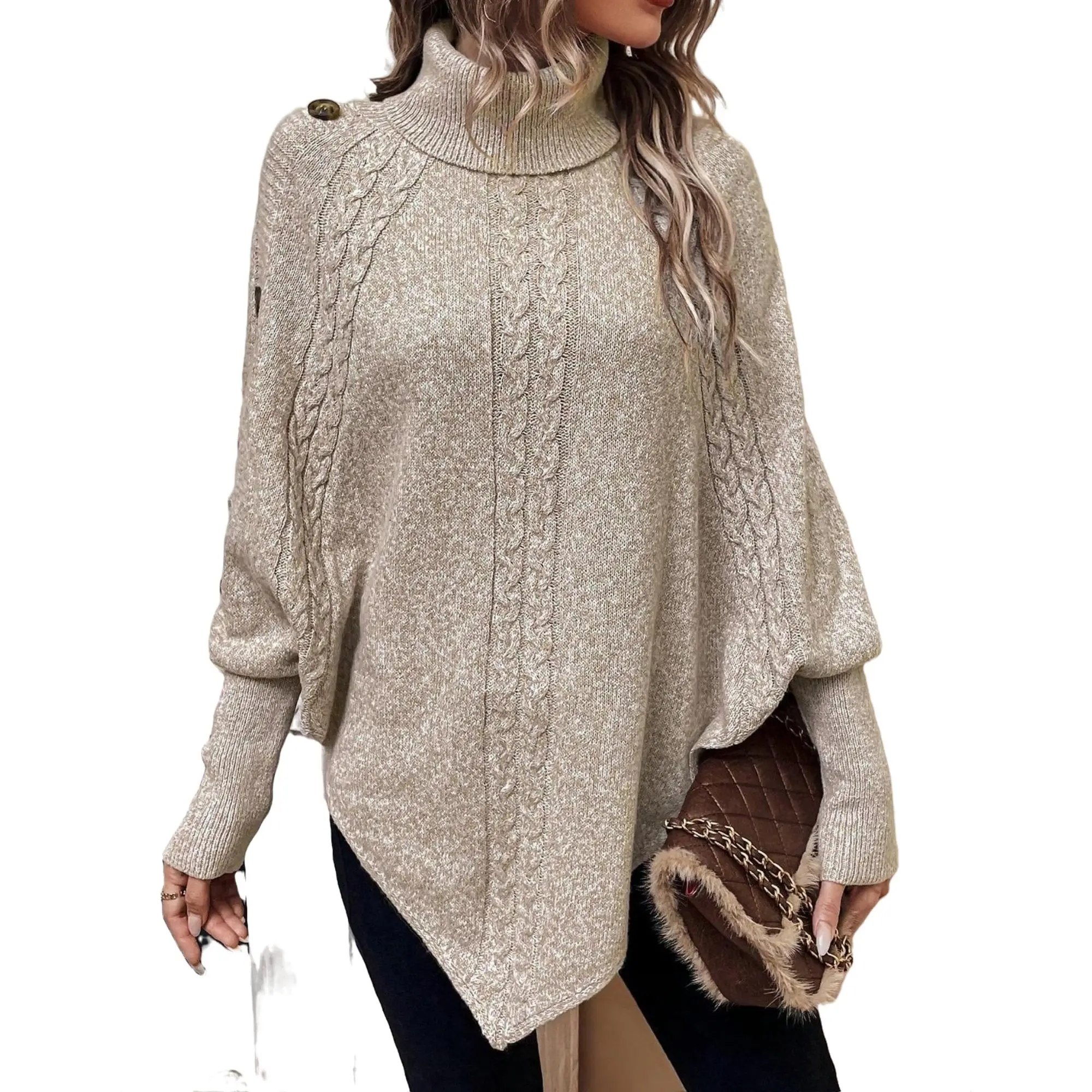 Women's Asymmetry Hem Turtleneck Sweater Batwing Long Sleeve Casual Pullover for Fall Winter Cozy Stylish Layering