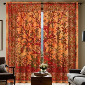 2pc Bohemian Hippie Print Curtains, Orange Tree of Life Bird Floral Wall Hanging, perfect as a gift for friends, rod pocket design, suitable for dormitories, bedrooms, living rooms, kitchens, dining rooms, studies, cafes, hotels, and apartment home decor