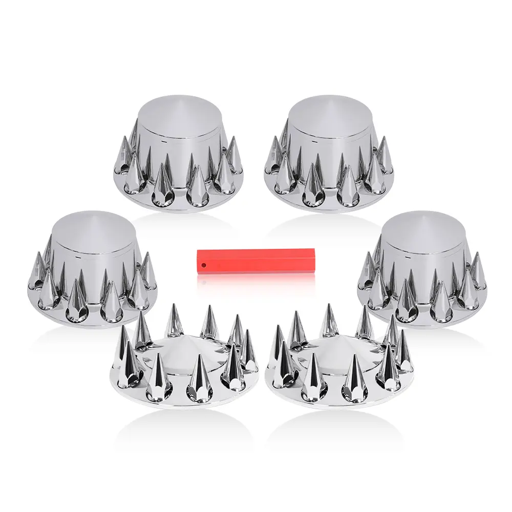 Automotive Chrome Spiked Axle Complete Wheel Cover Set - Car Accessory for Semi Trucks, 2 Front & 4 Rear Units, 33mm Screw-On Lug Nut Caps, Installation Tool Included