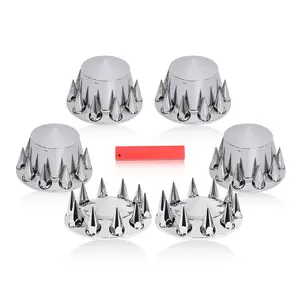 Chrome 2 Front and 4 Rear Spiked Axle Complete Wheel Cover Set With 33mm Screw-on Lug Nut Covers for Semi Trucks (Installation Tool Included)