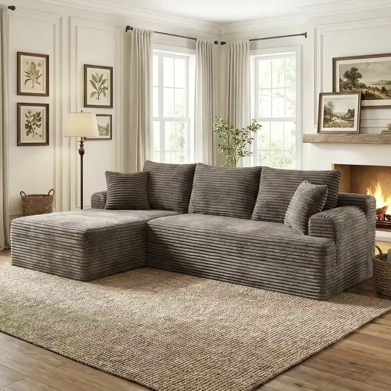 L-Shaped Modular Sectional Sofa with Chaise, Boneless Comfy Corduroy Fluffy Couch with Deep Seat and Side Pockets, Flexible Module Combination for Living Room, No Assembly