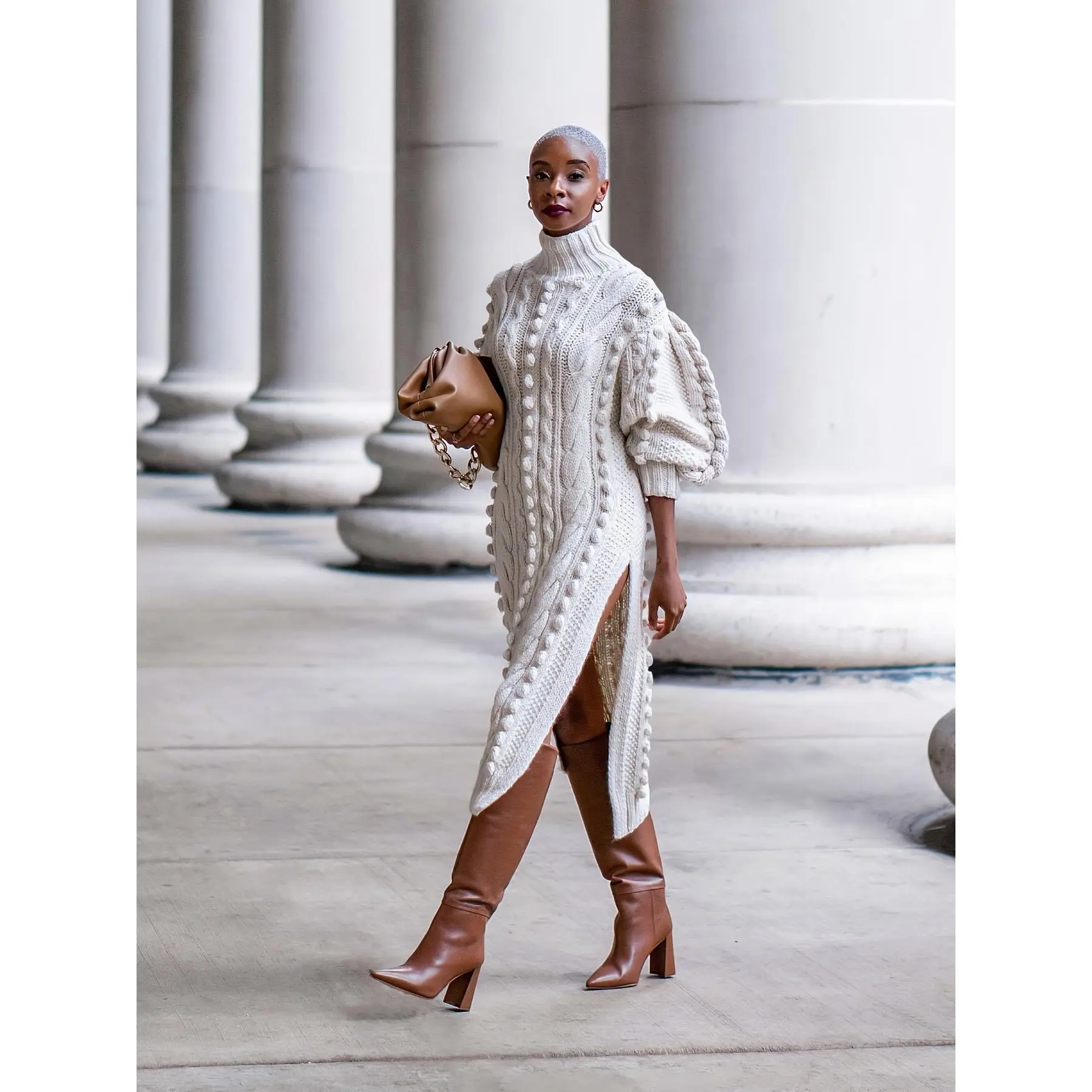 Bold Green Cable Knit Midi Dress - Puff Sleeve & Side Slit for Statement  Winter Style Turtleneck Casual Women's Fashion Fit Womenswear pop the  balloon crochet dress thanksgiving outfits for women -
