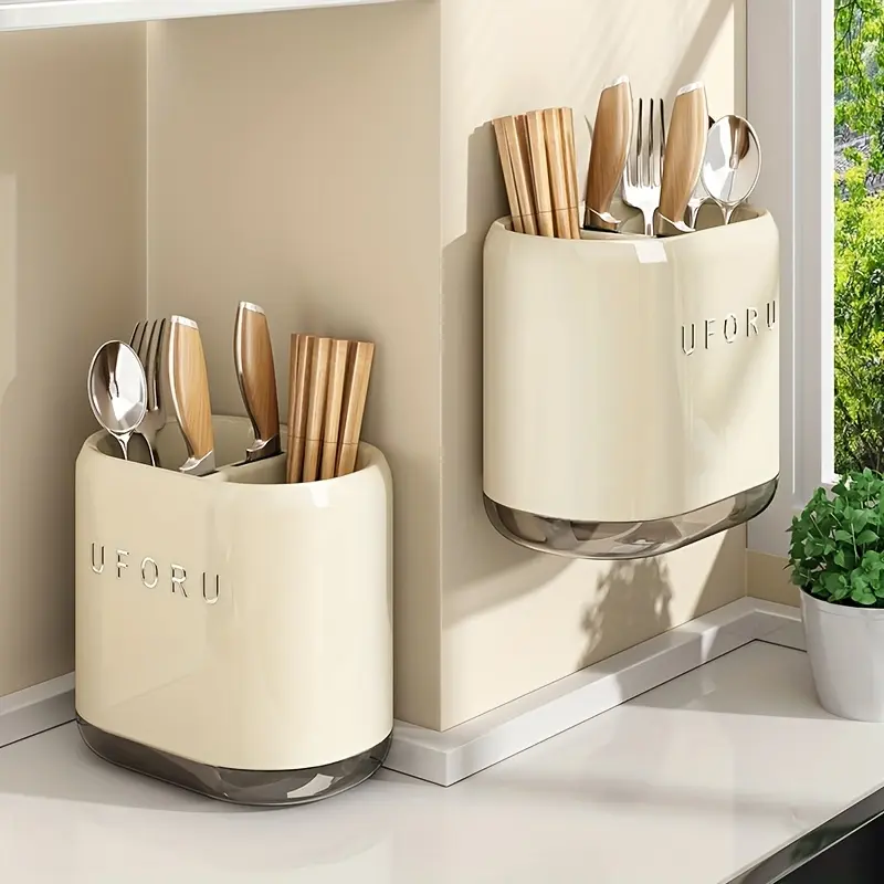 No-Nail No-Drill Wall-Mounted Chopstick Holder, Utensil Rack, Kitchenware Organizer - Vertical Kitchen Storage, Wall Space Utilization for Living Room and Dining Room, Tabletop Clutter Solution, Damage-Free Installation, Aesthetic Storage