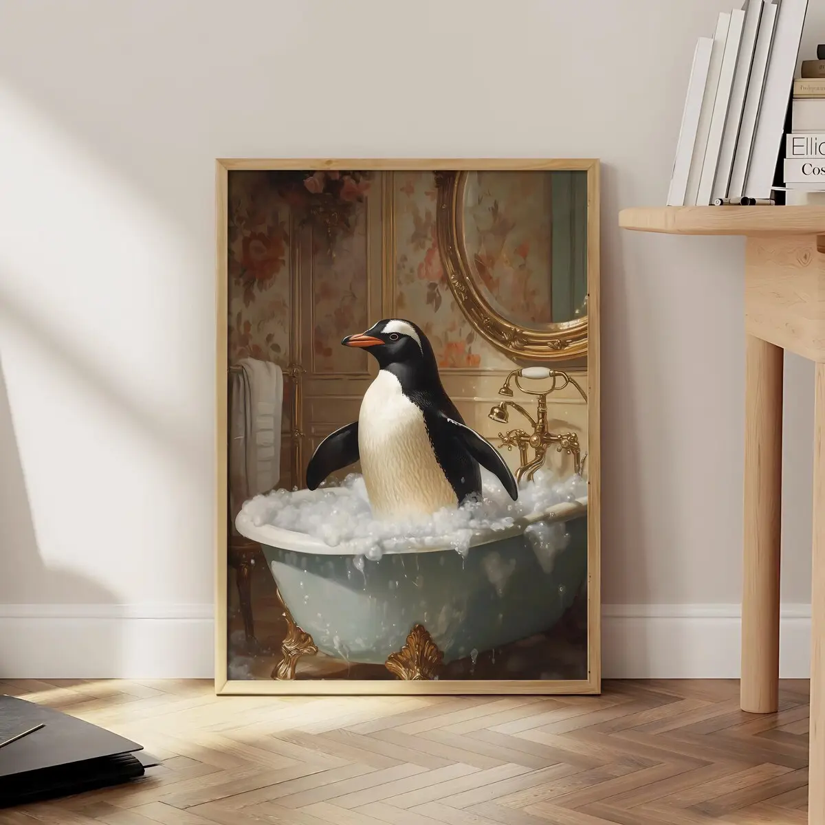 Penguin in Bathtub Bathroom Poster, Funny Penguin Wall Art, Funny Bathroom Print, Penguin in Bubble Bath Poster, Unframed