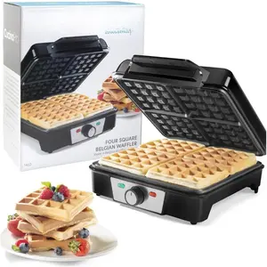 Four Square Belgian Waffle Maker,  Stainless Steel Kitchen Appliance w Nonstick Waffler Iron Plates- Make 4  Waffles, Griddle for Family Morning Breakfast with Recipe Guide