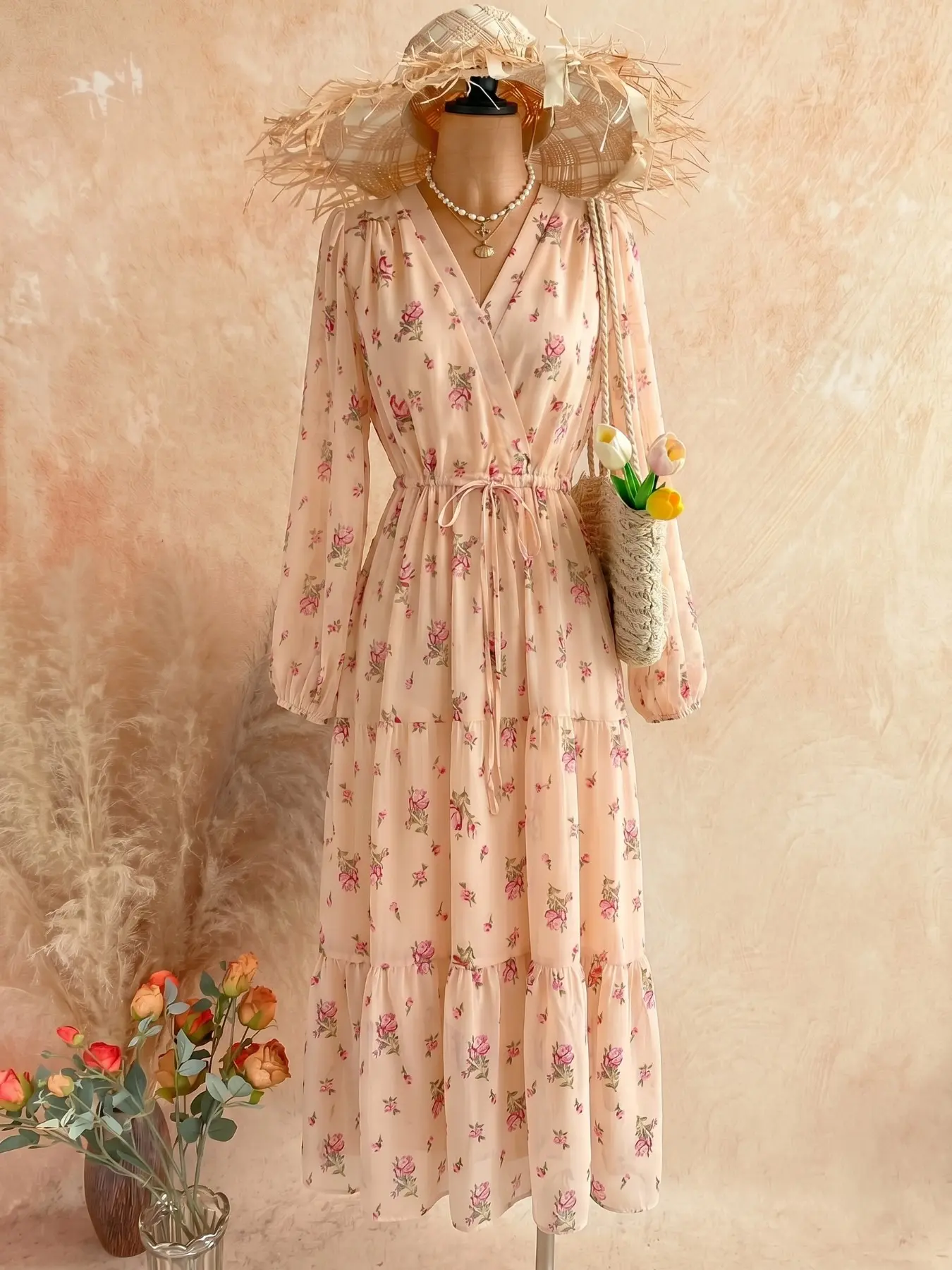 Women's Floral Print Chiffon Lightweight Maxi Dress, V Neck Long Sleeve ...