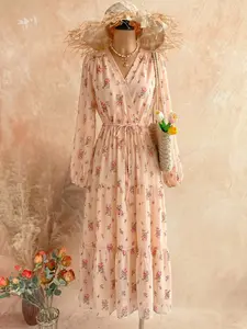 Women's Floral Print Chiffon Lightweight Maxi Dress, V Neck Long Sleeve Ruffle Tiered Flowy Dress for Spring Summer Vacation Wedding Guest