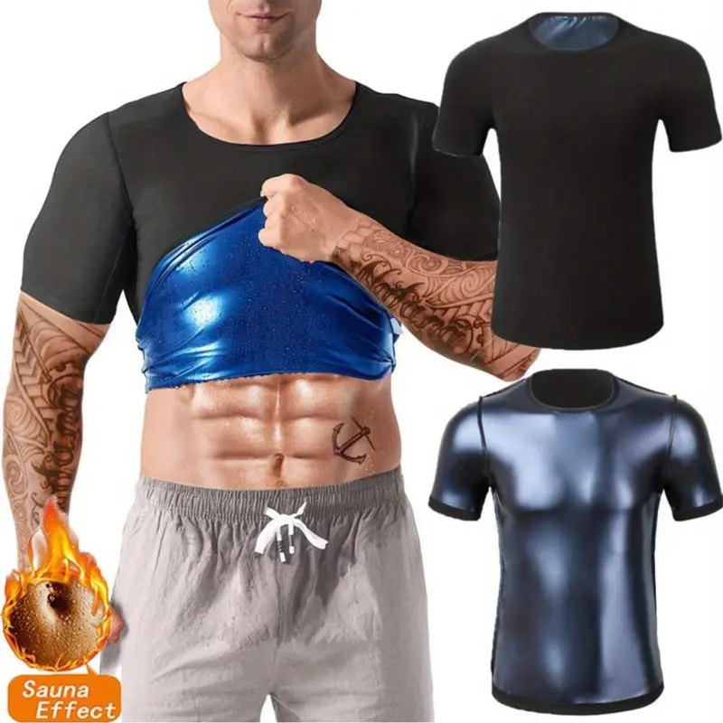 Men's Athletic Activewear Compression Sauna Vest - Short-Sleeve, Polyester Blend, Wetsuit-Like Hold, Breathable Elastic Body Shaper, Machine Washable, All Seasons Gym Workout Top