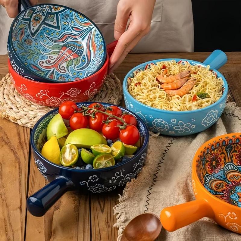 Boho Style Ceramic Salad Serving Bowls with Handle, 2 Counts/set Colorful Flower Pattern Bowl, Microwave & Oven Safe Bowl for Home Baking & Serving, Dinnerware