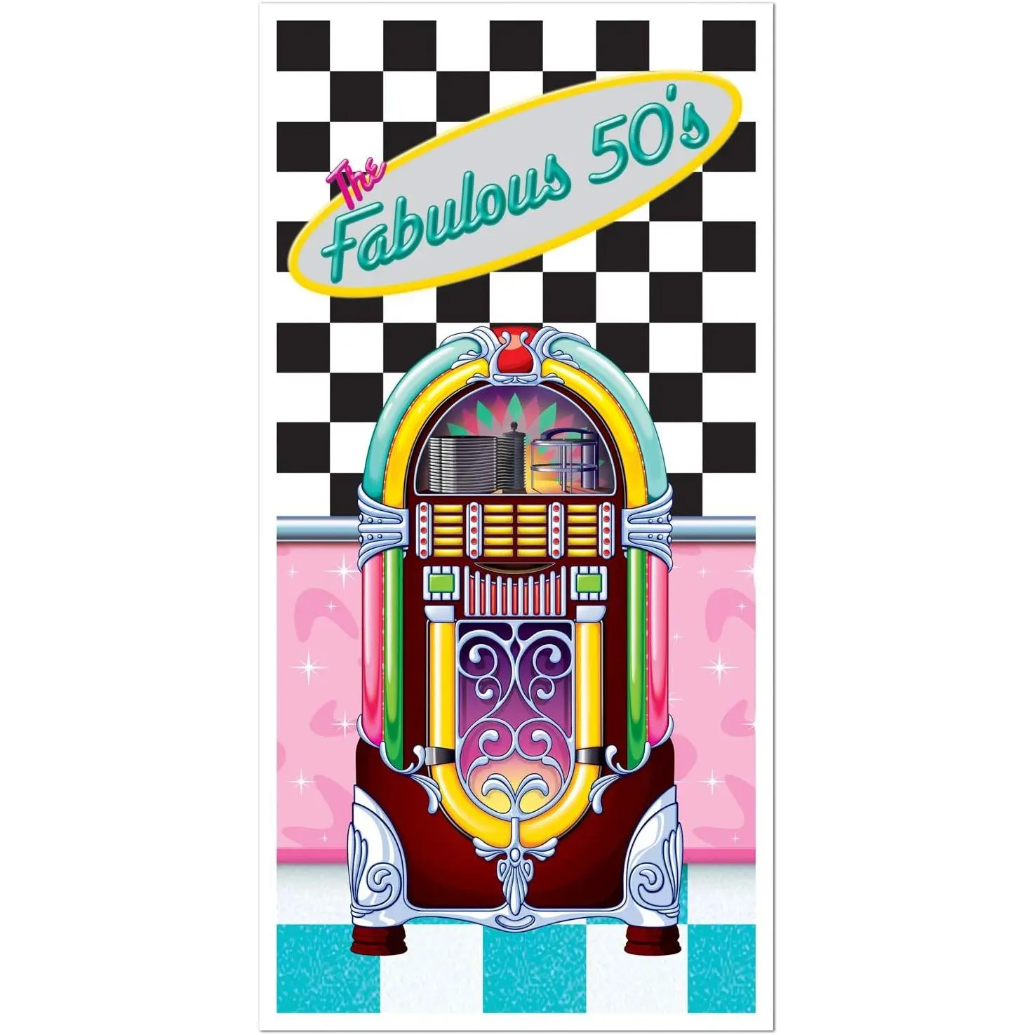 Fabulous 50s Door Cover - Retro Jukebox Design, 5x30 Inches, All-Weather Plastic for Indoor & Outdoor Use, Perfect for 50s Theme Parties