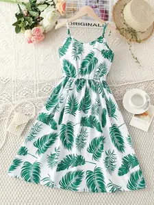 Girls Summer Leaf Print Sleeveless Dress, Casual Elastic Polyester Blend, Shoulder Cut Out, Knee-Length, Perfect for Parties and Beaches