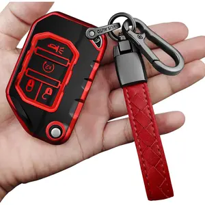 for Jeep Key Fob Cover with Keychain Soft Full Protection Key Shell Key Case Compatible with Jeep Gladiator JT Sahara JLU 2018-2023 Jeep Wrangler JL JLU Rubicon (Red)