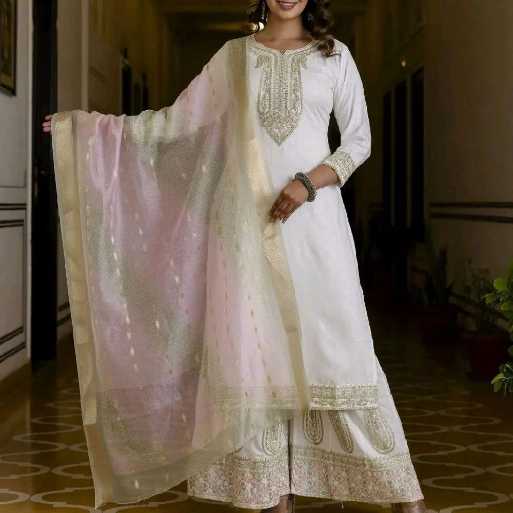 Gorgeous Three Pieces Sarara Suites with Heavy Front & Back Embroidery Contract Organza Dupatta Women's Wear