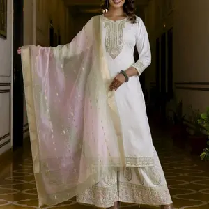 Gorgeous Three Pieces Sarara Suites with Heavy Front & Back Embroidery Contract Organza Dupatta Women's Wear