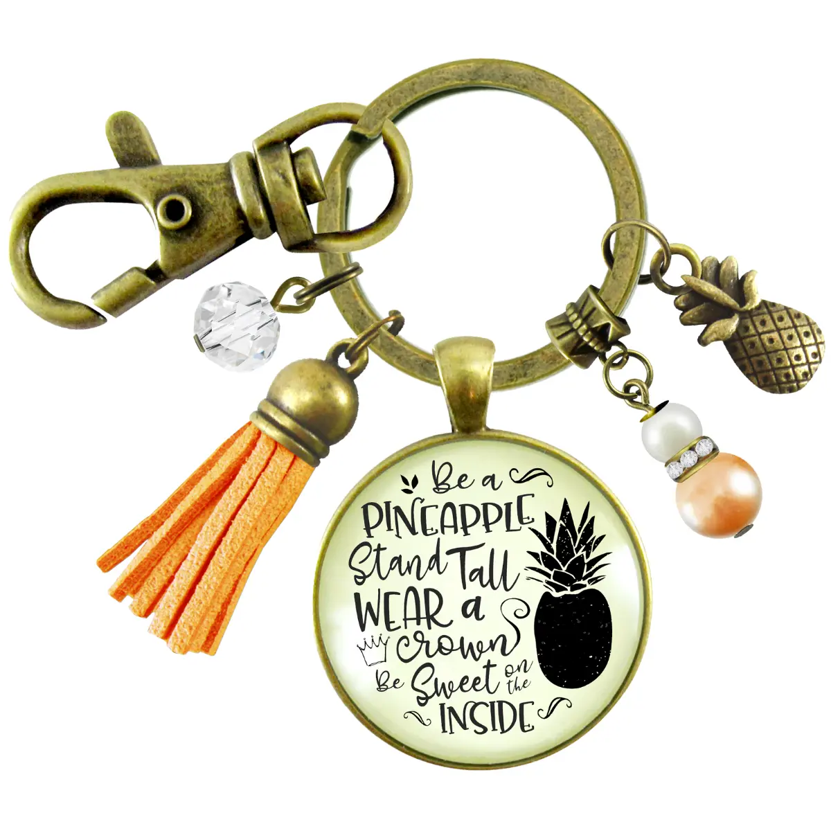 Pineapple Keychain Stand Tall Quote Women's Tropical Fun Jewelry Gift Tassel