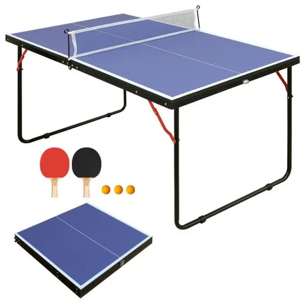 Foldable & Portable Mini Ping Pong Table Set, 4.5ft Table Tennis Set with Net, 2 Paddles & 3 Balls, Lightweight Indoor & Outdoor Game Table for Kids Practice, Family Entertainment, Home Sports Equipment
