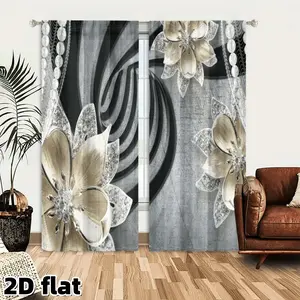 2D Flat 2Pcs Modern Floral Window Curtains Grey Abstract Background Cream Flower Print Blackout Drapes Elegant Living Room Bedroom Home Decor Treatment Thermal Insulated Light Blocking Privacy Curtain Panels with Rod Pocket