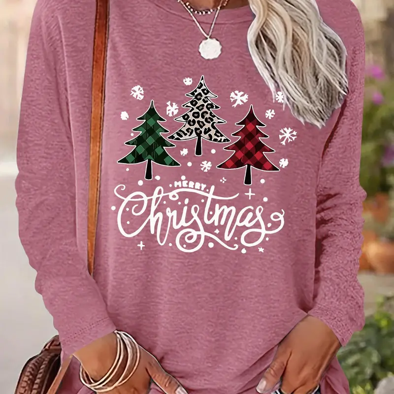 Women's Christmas Tree & Letter Print Drop Shoulder Tee, Casual Long Sleeve Round Neck Pullover for Daily Wear, Ladies Fall & Winter Clothes