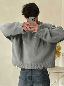 Men's Solid Ripped Drop Shoulder Sweater, Loose Casual Long Sleeve Round Neck Jumper for Fall & Winter, Men's Knitwear for Daily Wear,autumn outfit jumper