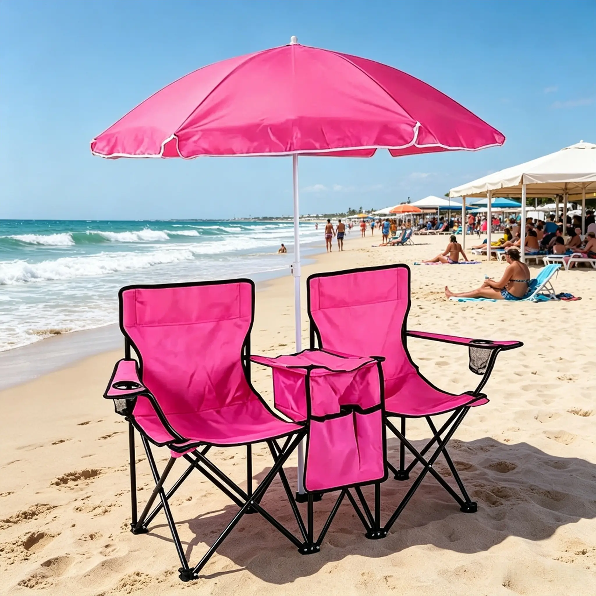 Outdoor Double Folding Beach & Camping Chair Set with Detachable Sun Umbrella, Foldable Picnic Chair with Middle Table, Drink Holders for Backyard, Camping, Beach Trip