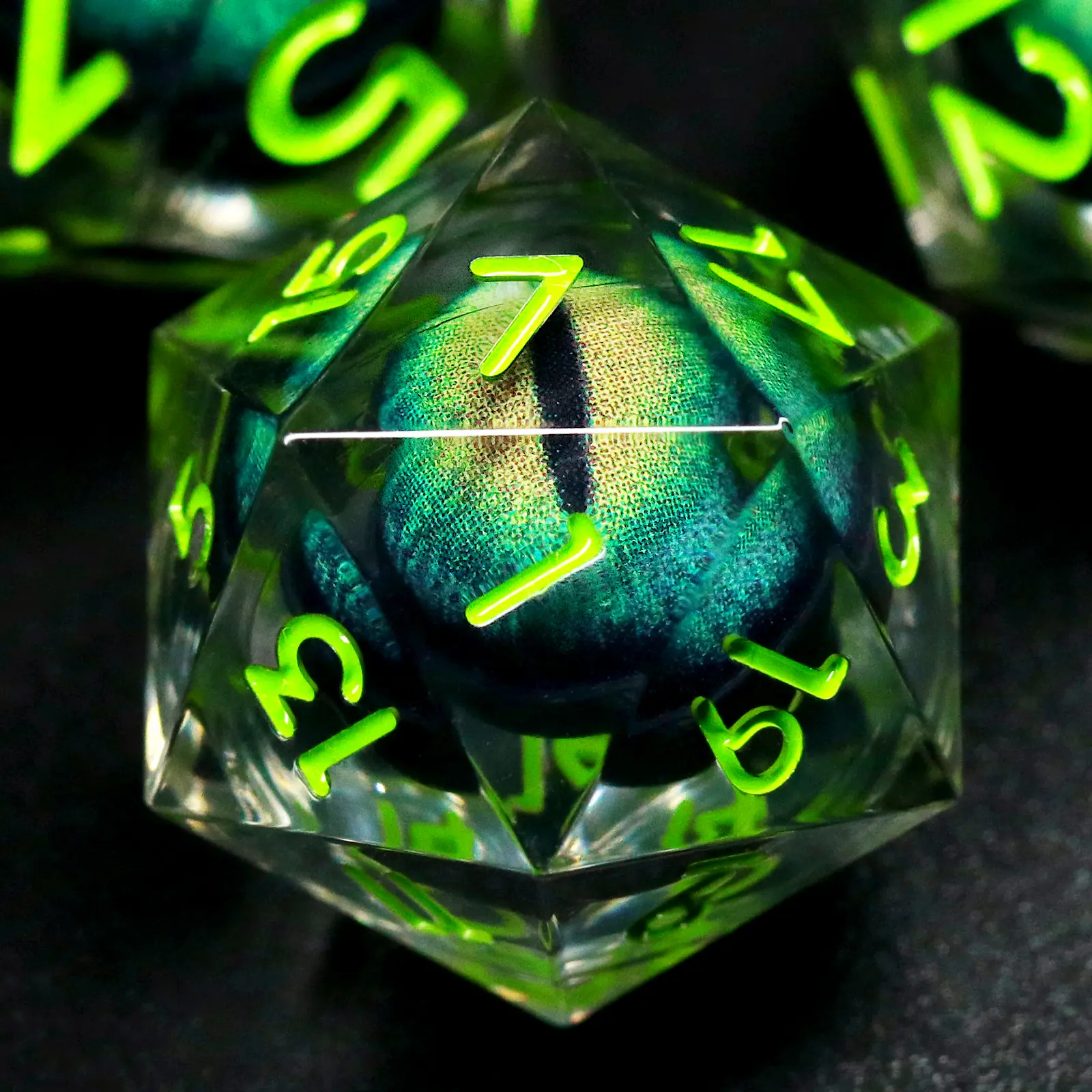 Durable Sharp-Edge Resin Liquid Core Polyhedral Dice Set - Dragon Eye Green, with Foam Liner, for Dungeons & Dragons TTRPG Role-Playing Games
