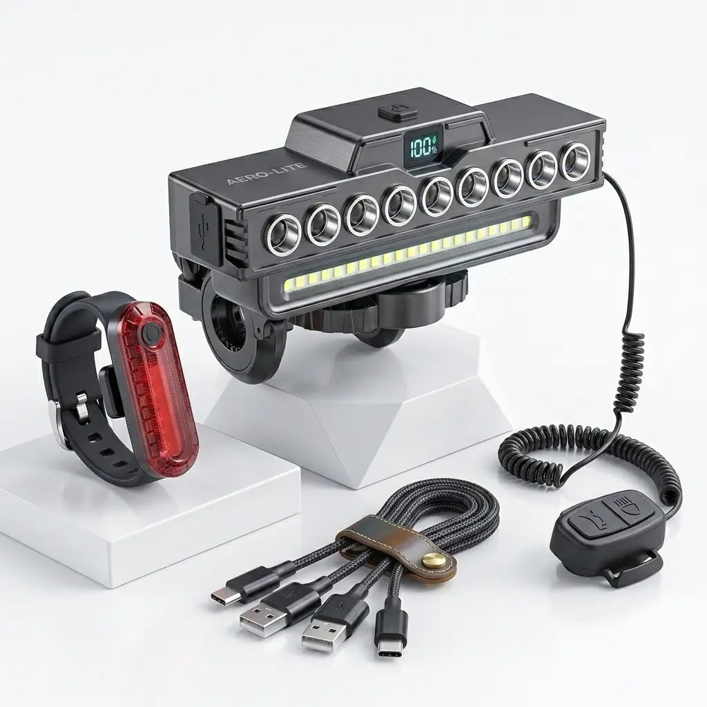 AERO-LITE Smart Bike Light Set - 100W PD Fast Charge, 200M Long-Range LED Headlight with Remote Horn, IPX7 Waterproof, Children's 8-30H Runtime, Type-C Charging, Rear Light Included Next-Gen 100W PD Bike Light - 9 High-Intensity LEDs + 21 Floodlight SMDs,