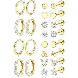 Gold Stud Hoop Earrings for Women, Hypoallergenic Surgical Steel Earrings for Sensitive Ears, Comfortable Flat Back Earring for Sleeping/Daily, Nickel-Free Cartilage Earring Stack Set for Multiple Piercing Jewelry 12Pairs