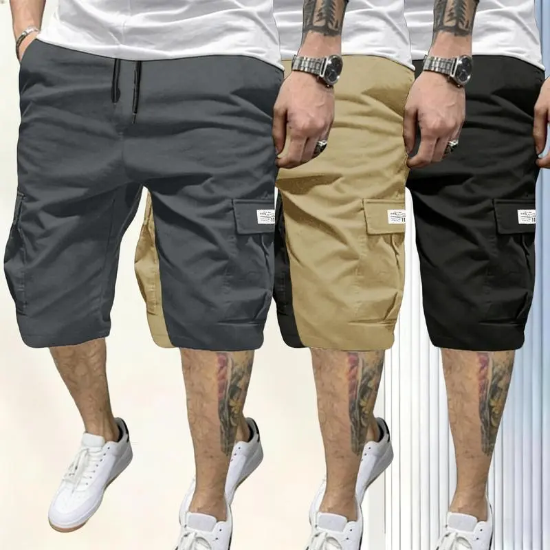 Men’s summer cargo shorts three-piece set with drawstring ties, casual and stylish, suitable for everyday and outdoor wear