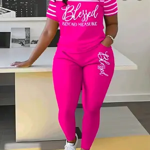 Casual Striped Trousers Suit for Ladies Short-sleeved with Pockets Blessing Print in Vibrant Pink