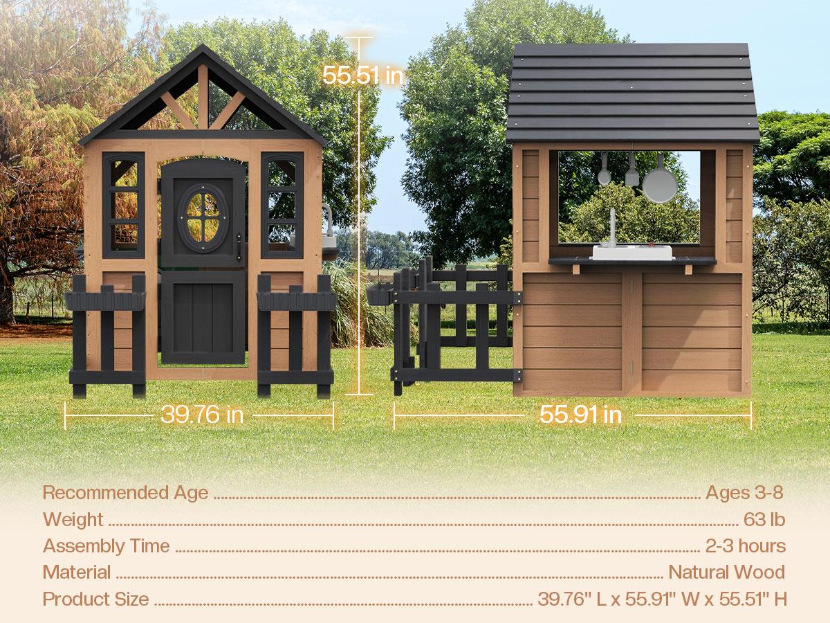 ALBOTT Kids Outdoor Wooden Playhouse with Kitchen Set, Durable Fir Wood Construction with Waterproof Roof & Rust-Resistant Hinges, Pretend Playhouse for 3–8 Years Old Boys & Girls