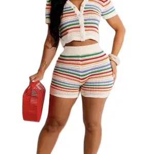 Women's Two Piece Crochet Set - Rainbow Striped Top & Shorts Fashionable Knitted Outfit