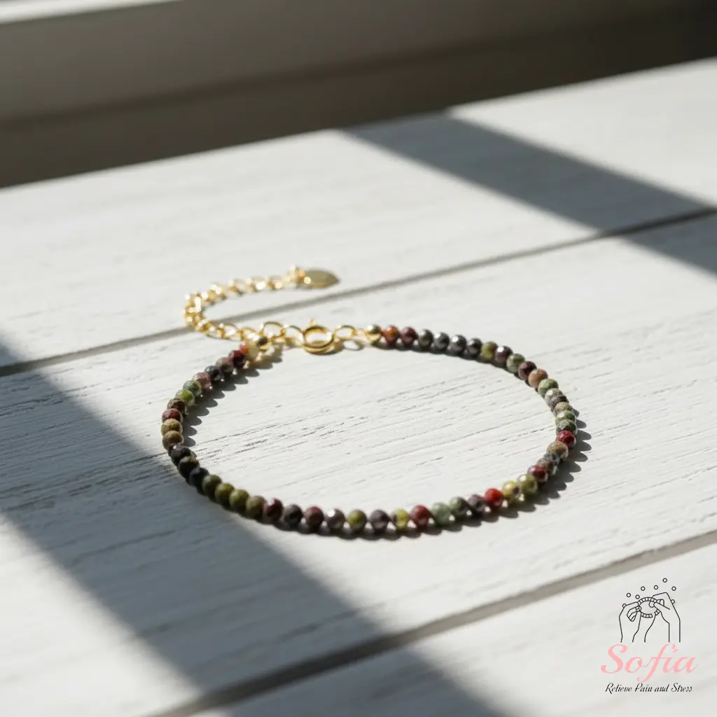SOFIA Women's Dragon Bloodstone Natural Crystal Bracelet - 3mm Green Red Faceted Beads, 6.5in Anklet, 6~7.5in Adjustable Wrist Fit, Handmade Boho Chic, Unique Valentine's Day Gift, Natural Crystal Bracelets, Natural Unique Gemstone