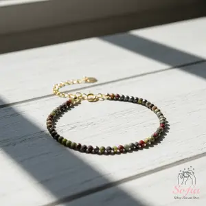 Sofia Natural Dragon Bloodstone Crystal Bracelet 3mm Green Red Stone Dainty Delicate Faceted Gemstone Beaded Anklet Minimalist Style for Women Handmade Adjustable Valentines' Day Gift