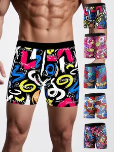 Men's Fashion Long Briefs Set of 5, Breathable Thin Comfortable Graffiti Quick-Dry Underwear, Casual Fitted All Seasons, Breathable Boxer Briefs